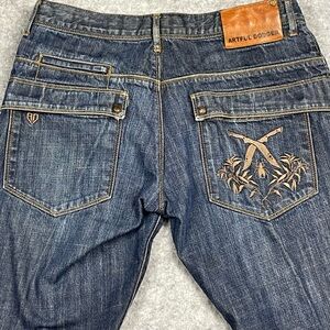 VTG Artful Dodger Jeans Mens‎ 36x29 Blue Bug Jesse Pinkman Embroidered Baggy Y2K